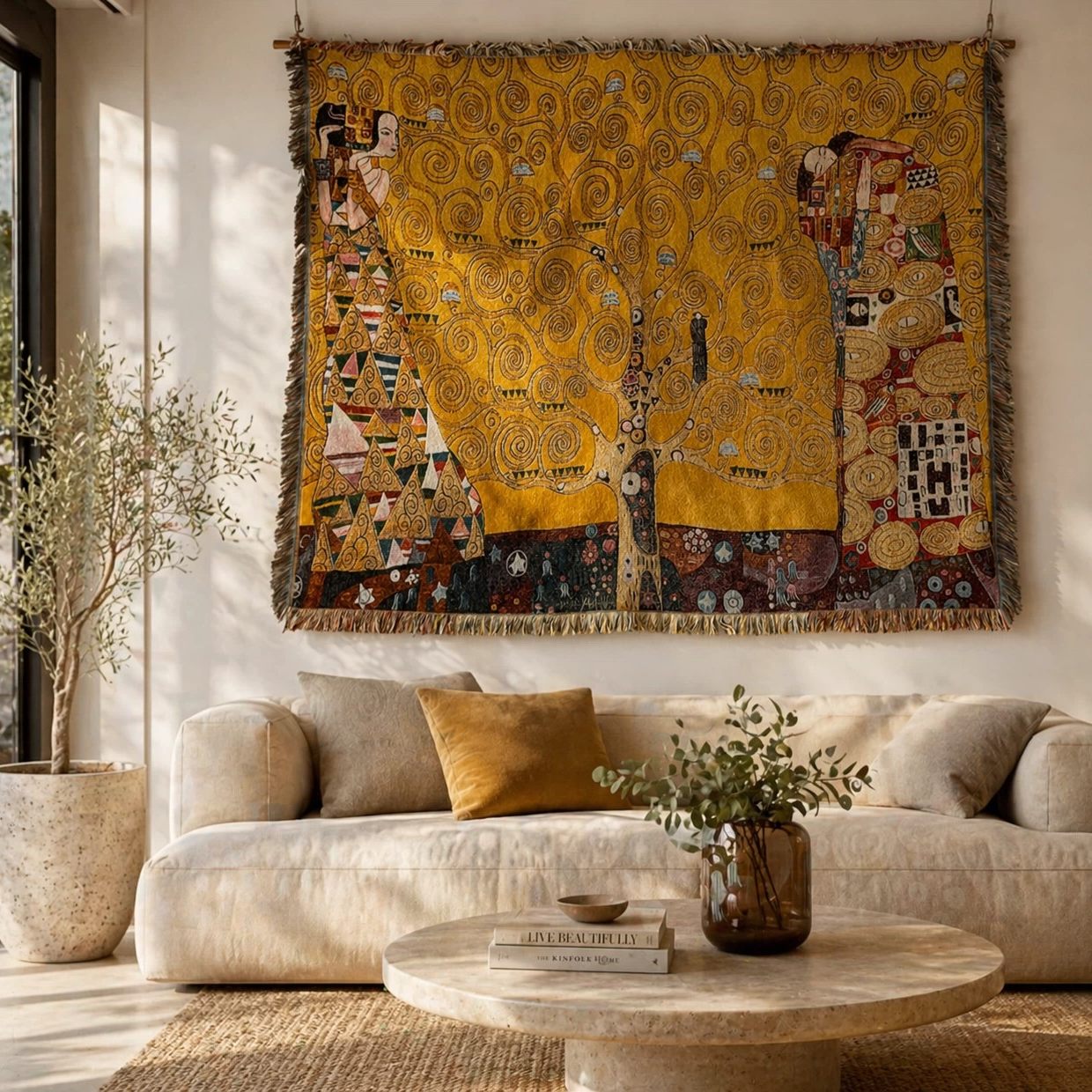 Arbor Tree of Life cotton woven wall tapestry above a modern sofa