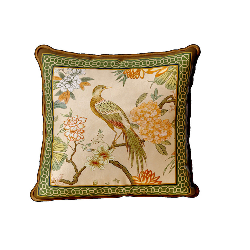 Aviary Style A green botanical bird pillow cover with square floral border