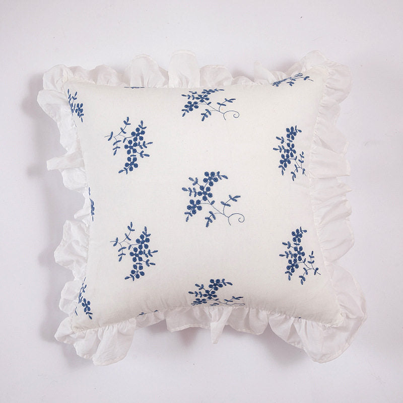 Porcelain blue sprig cotton pillow cover with white ruffle trim