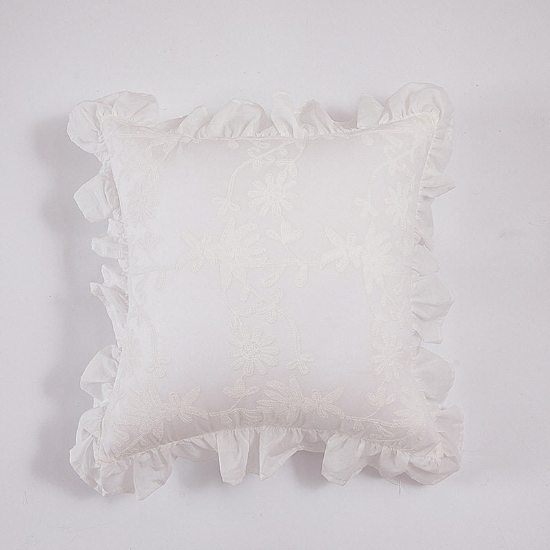 Porcelain white embroidered floral cotton pillow cover with ruffle border