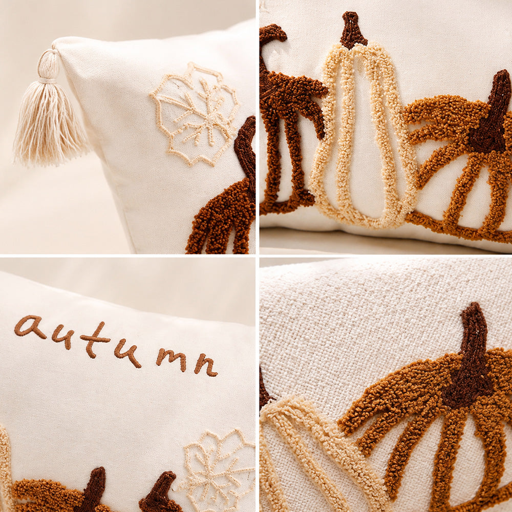 Detail collage of Harvestline tassel, embroidered leaf, autumn lettering and tufted pumpkins