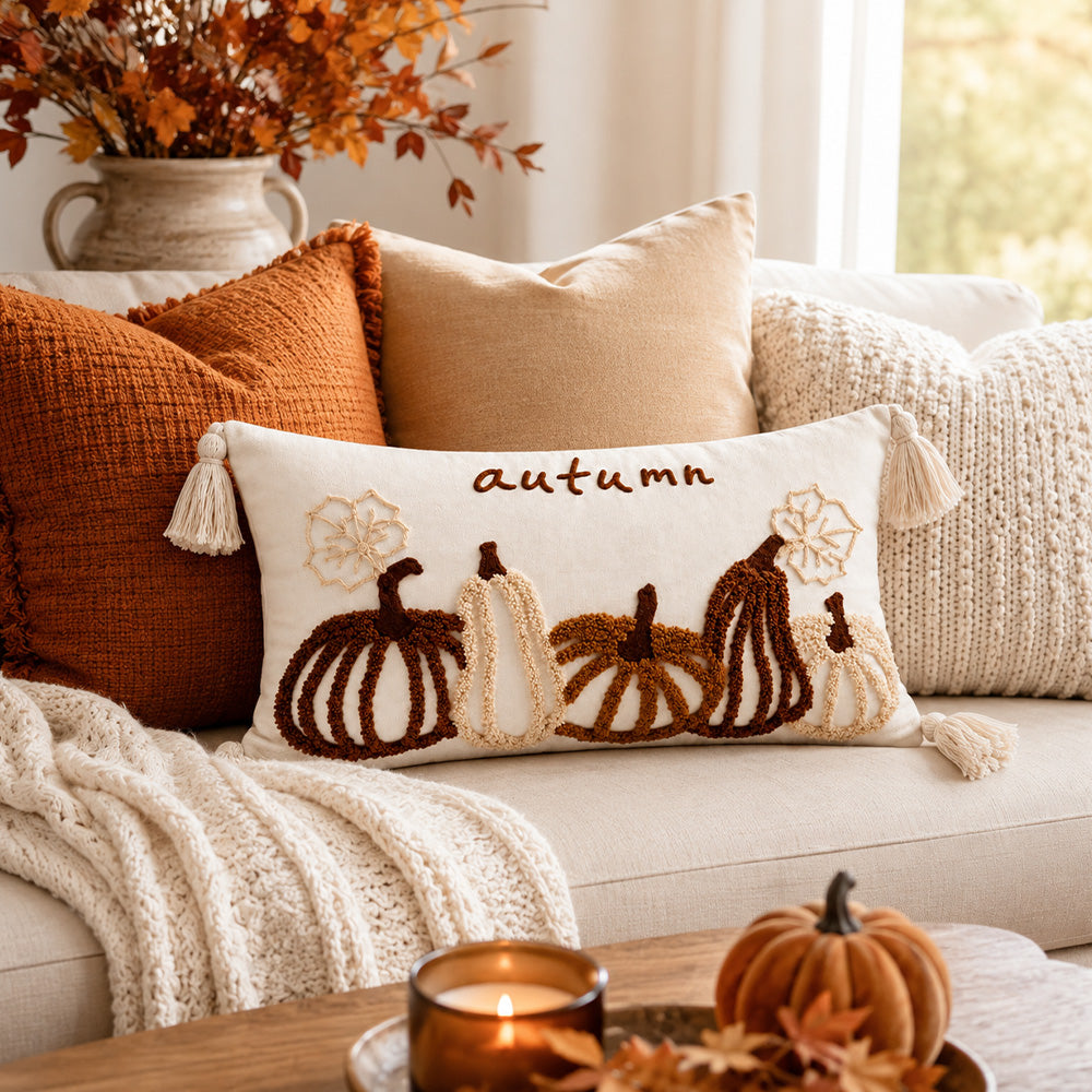 Harvestline cream pumpkin lumbar pillow cover styled with rust cushions and a knitted throw