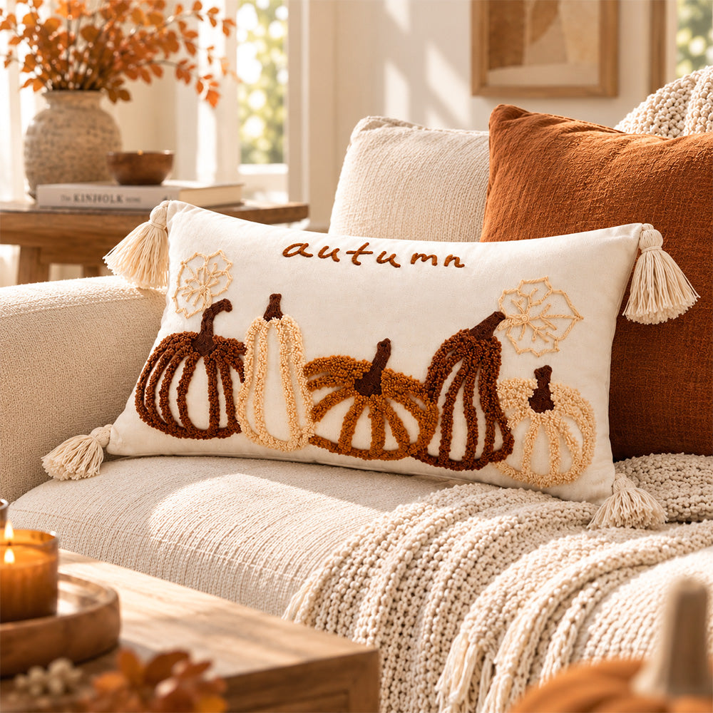 Cream autumn pumpkin tassel pillow cover layered with rust and neutral cushions on a sofa