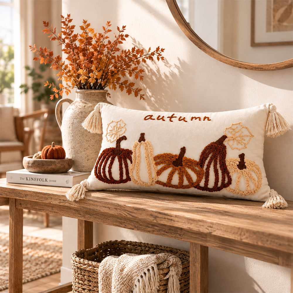 Autumn pumpkin tassel pillow cover displayed on a wooden console beneath a round mirror