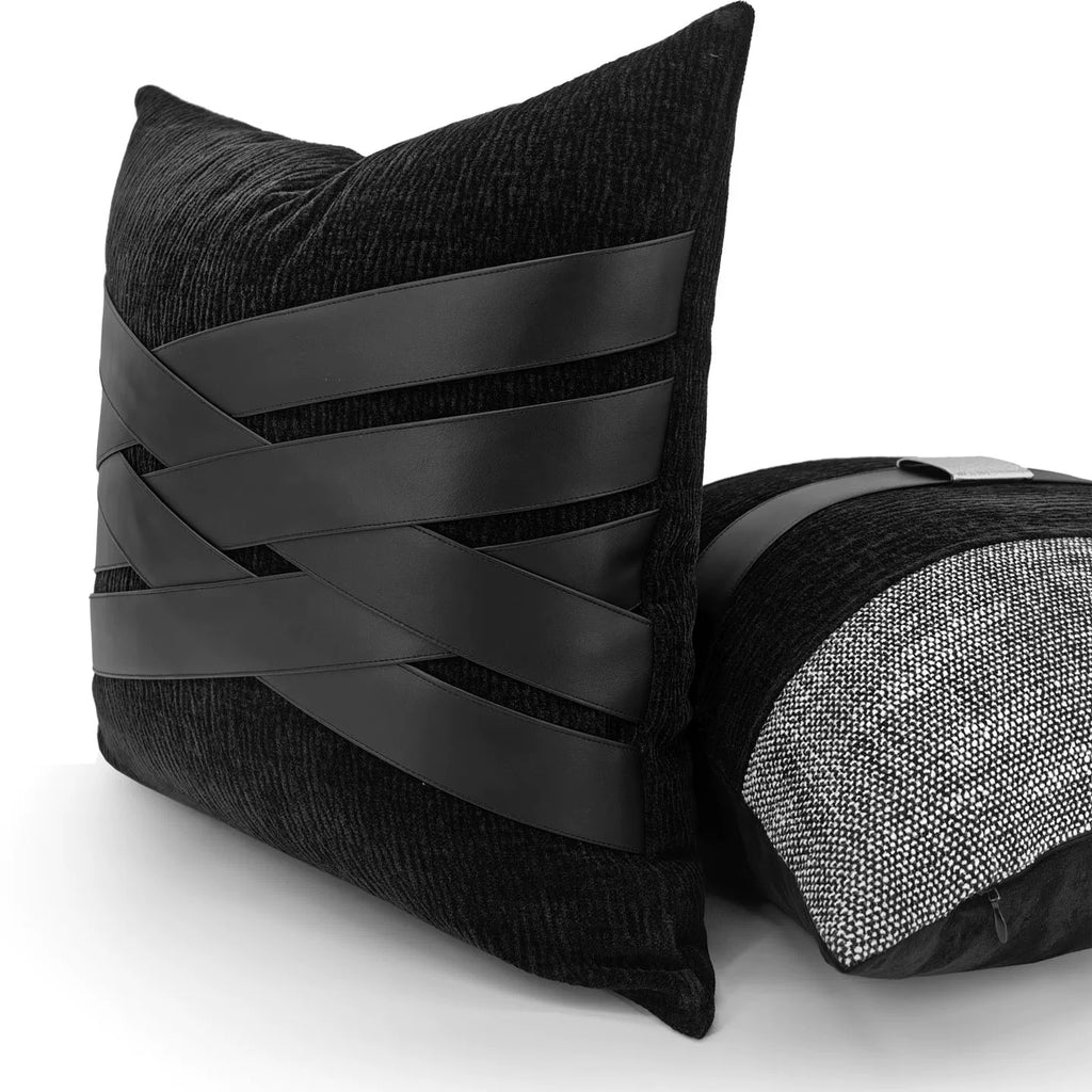 Onyx black woven 18x18 pillow cover styled on a modern sofa