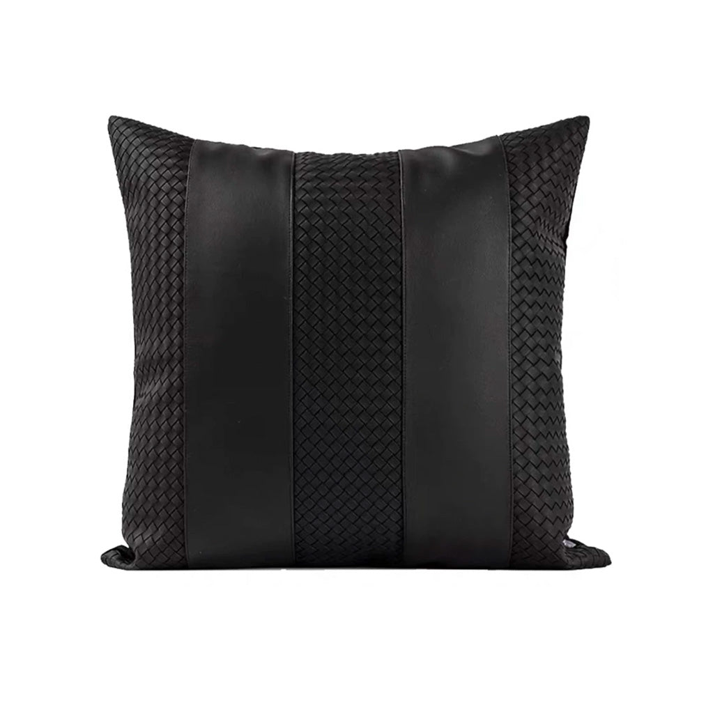 Obsidian black PU leather woven panel 18x18 pillow cover