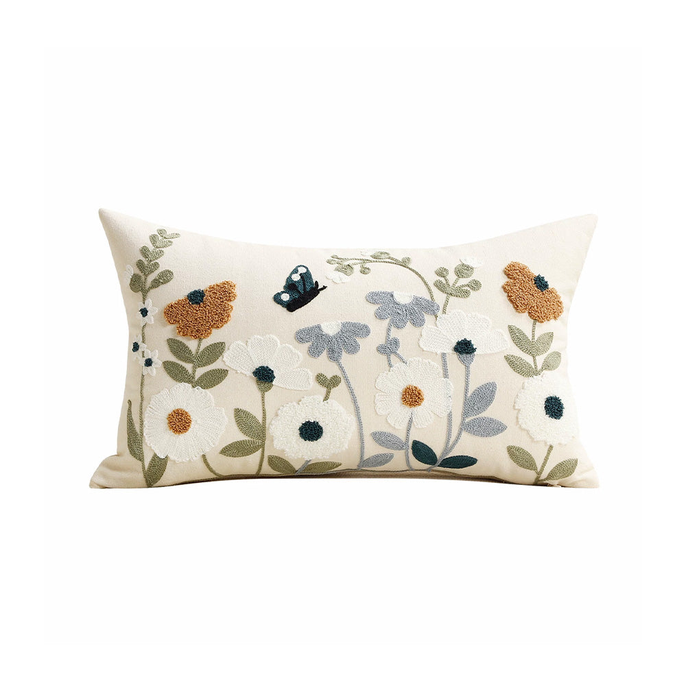 Butterfly embroidered wildflower 12x20 lumbar pillow cover on cream fabric