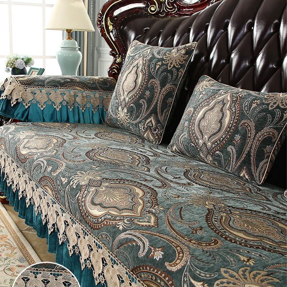 Indigo blue woven paisley pillow cover with decorative corded edge