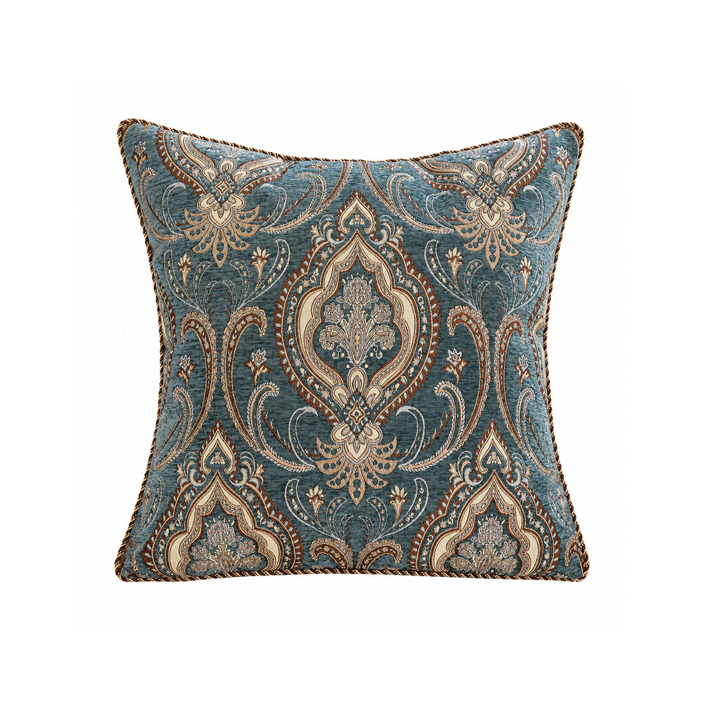 Indigo blue jacquard paisley pillow cover with woven medallion pattern