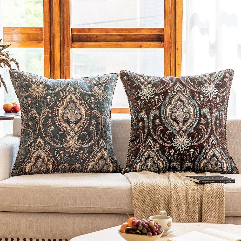 Indigo jacquard paisley cushion cover in a traditional living room