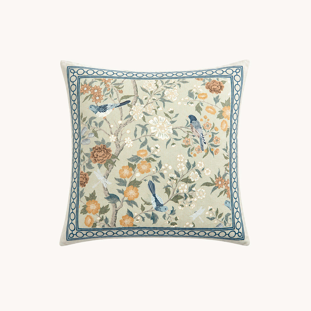 Bluebird Style A botanical pillow cover with blue floral border