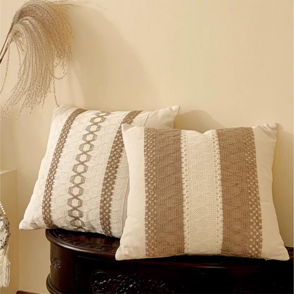Beige and cream woven cushion cover for an organic modern living room