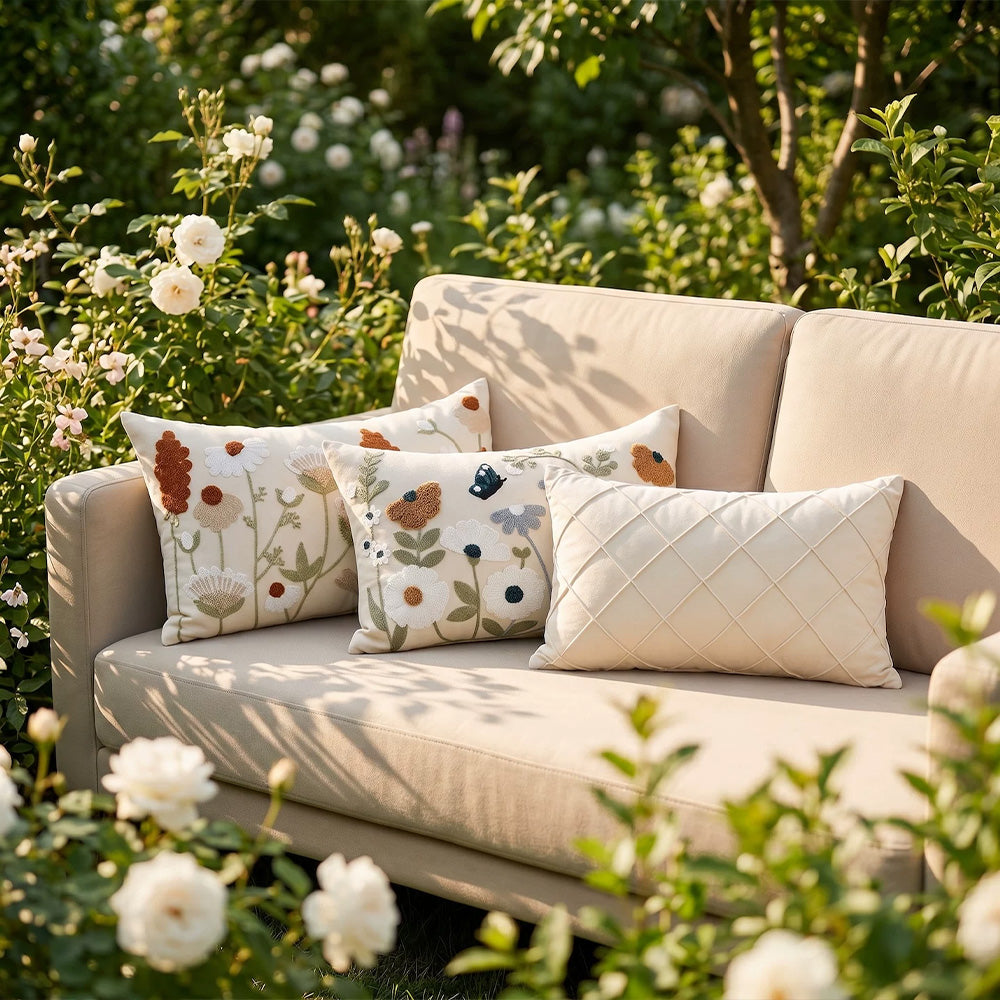 Close-up of burnt orange white and beige floral embroidery