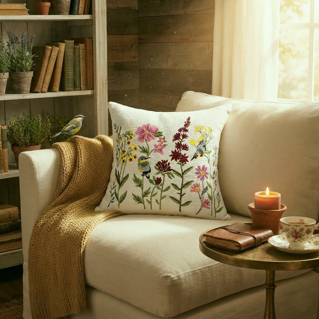 Songbird botanical bird pillow cover on textured white fabric