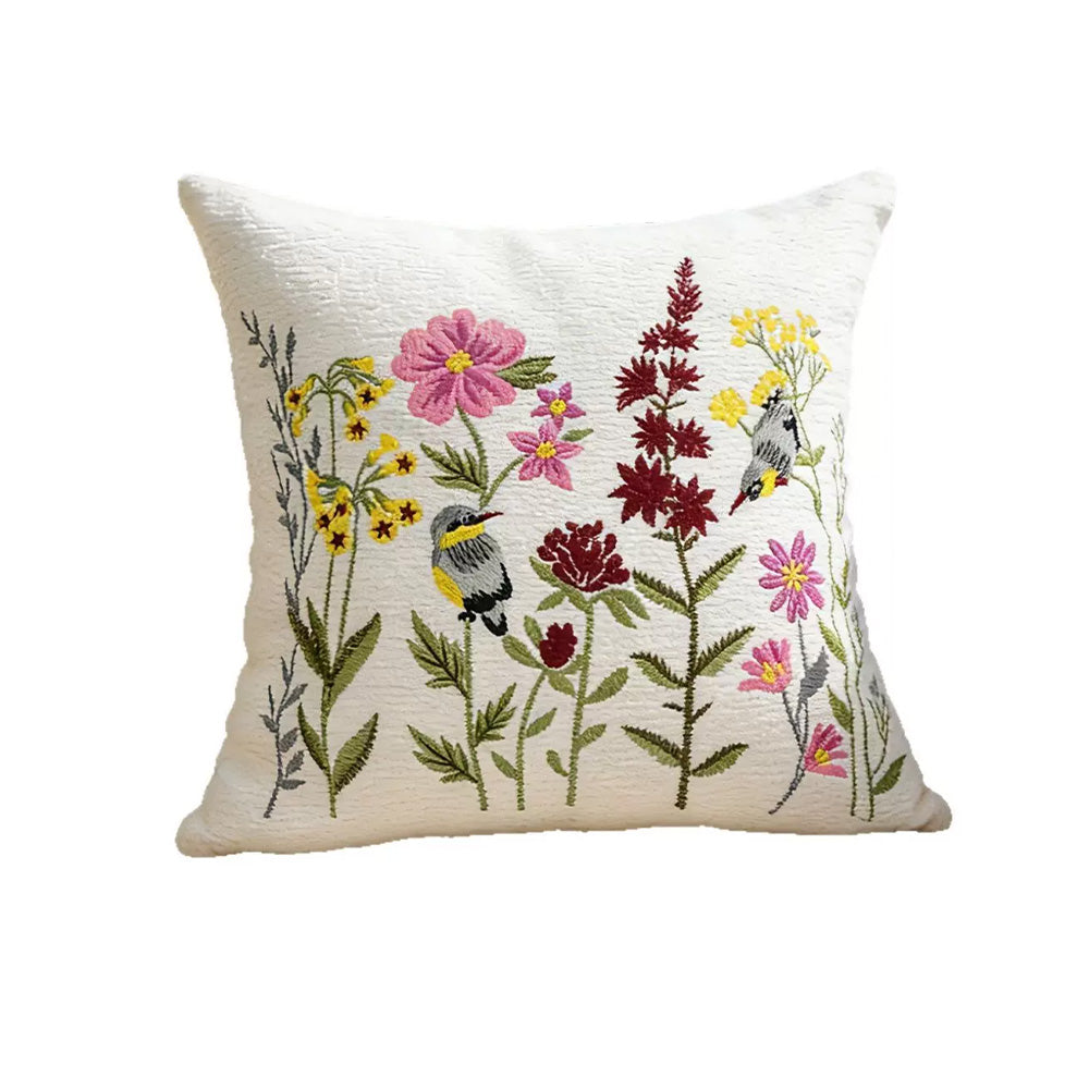 Songbird embroidered wildflower bird 18x18 pillow cover