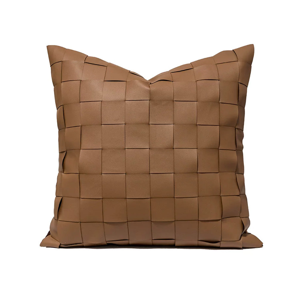 Saddle khaki PU leather basket weave 18x18 pillow cover