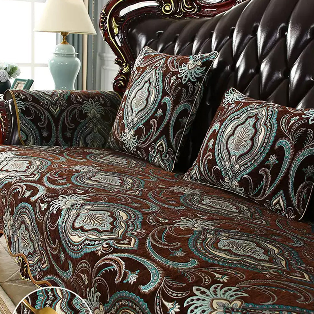 Medallion woven chenille paisley cover on a traditional sofa