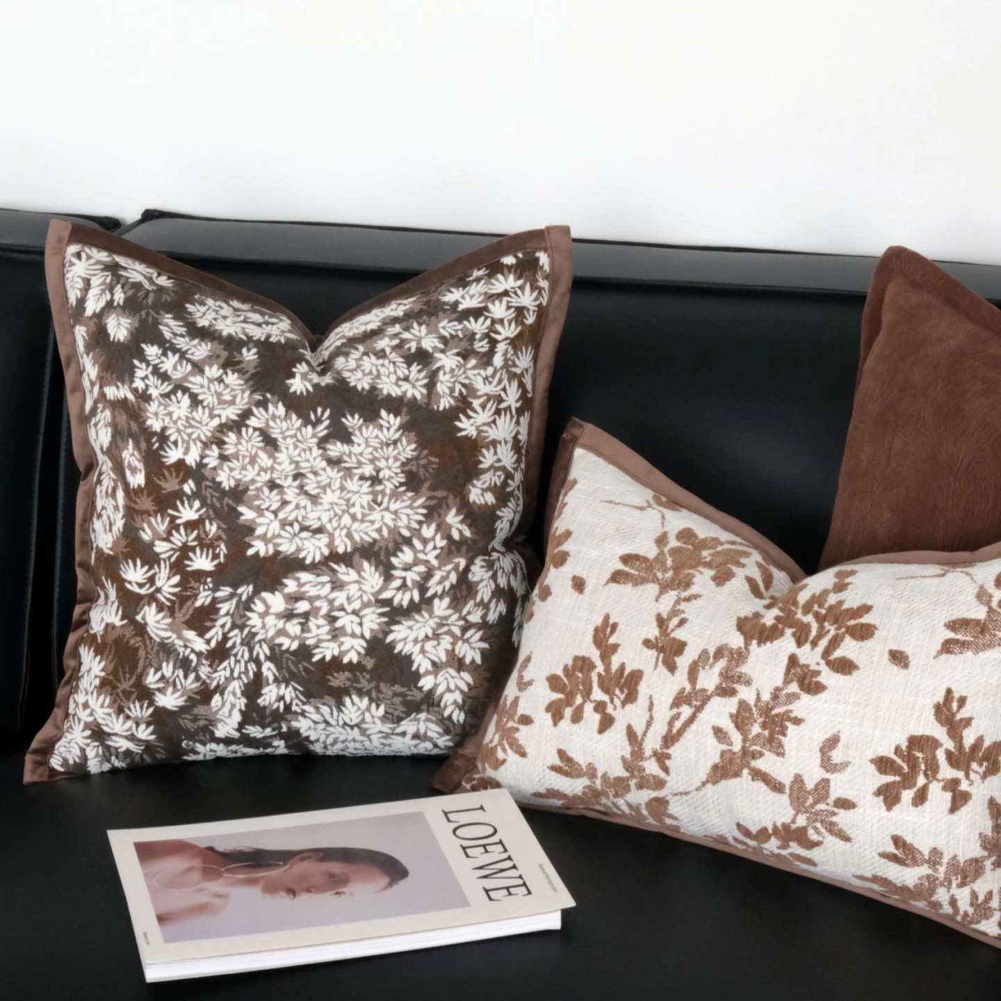embroidered botanical accent pillow cover in brown and ivory