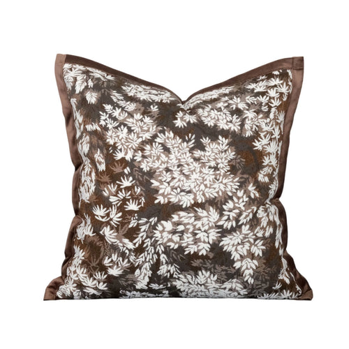 brown embroidered floral pillow cover with botanical design