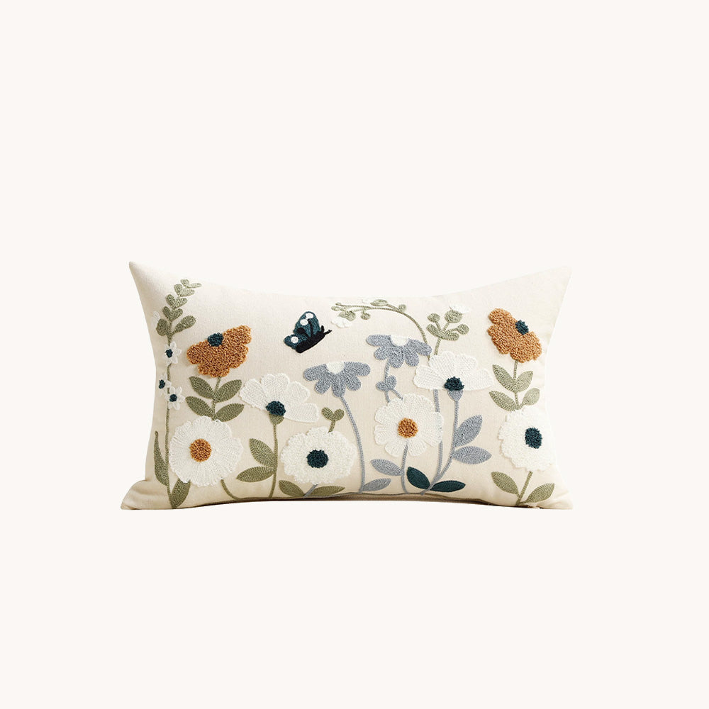 Butterfly embroidered wildflower 12x20 lumbar pillow cover on cream fabric