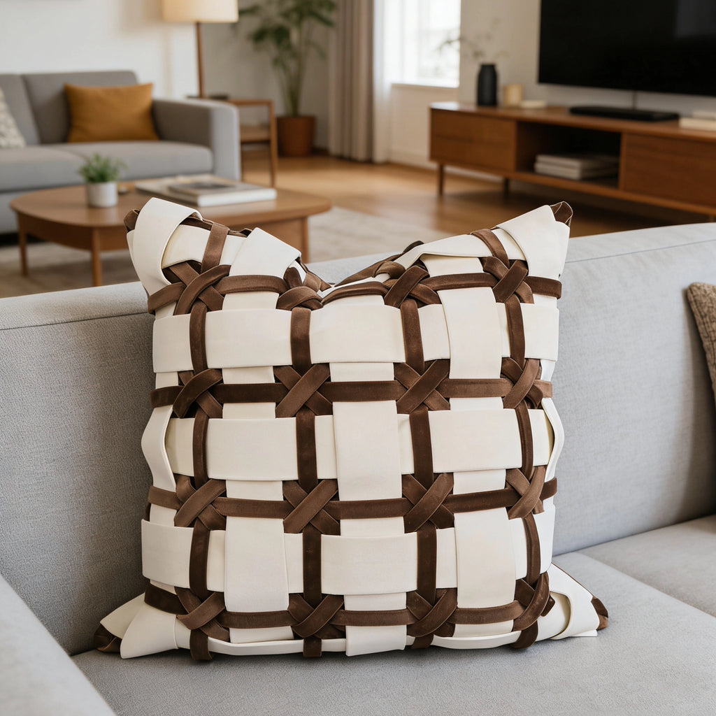 Close-up of the Latte two-tone basket weave pillow cover texture