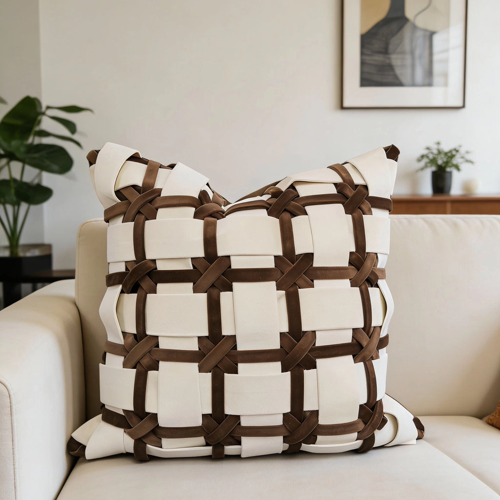 Latte neutral woven pillow cover styled on a modern sofa
