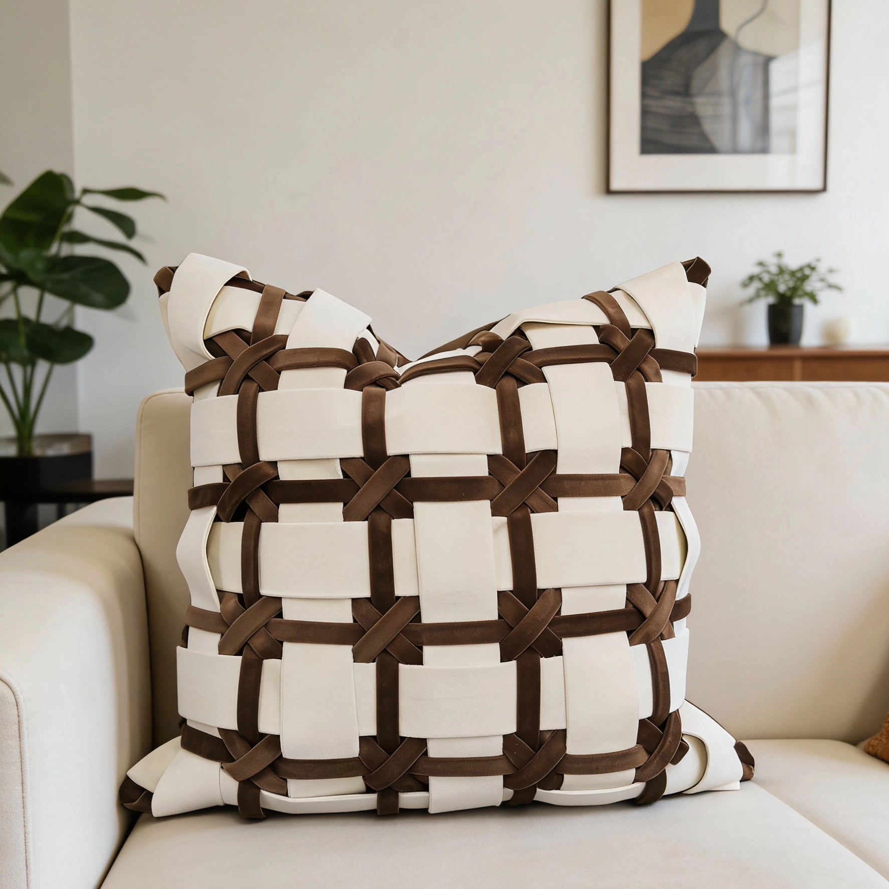 Latte neutral woven pillow cover styled on a modern sofa
