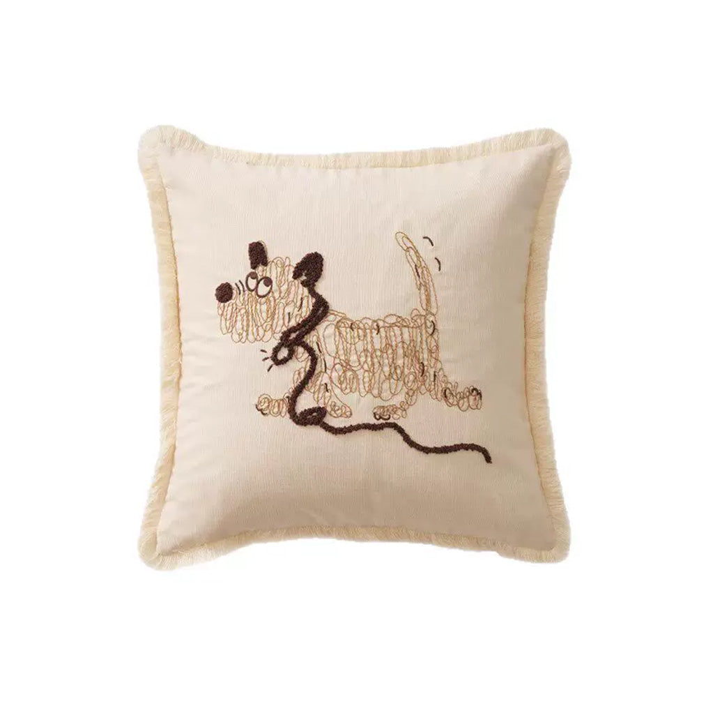 Outline cream embroidered dog pillow cover with brown line-art motif