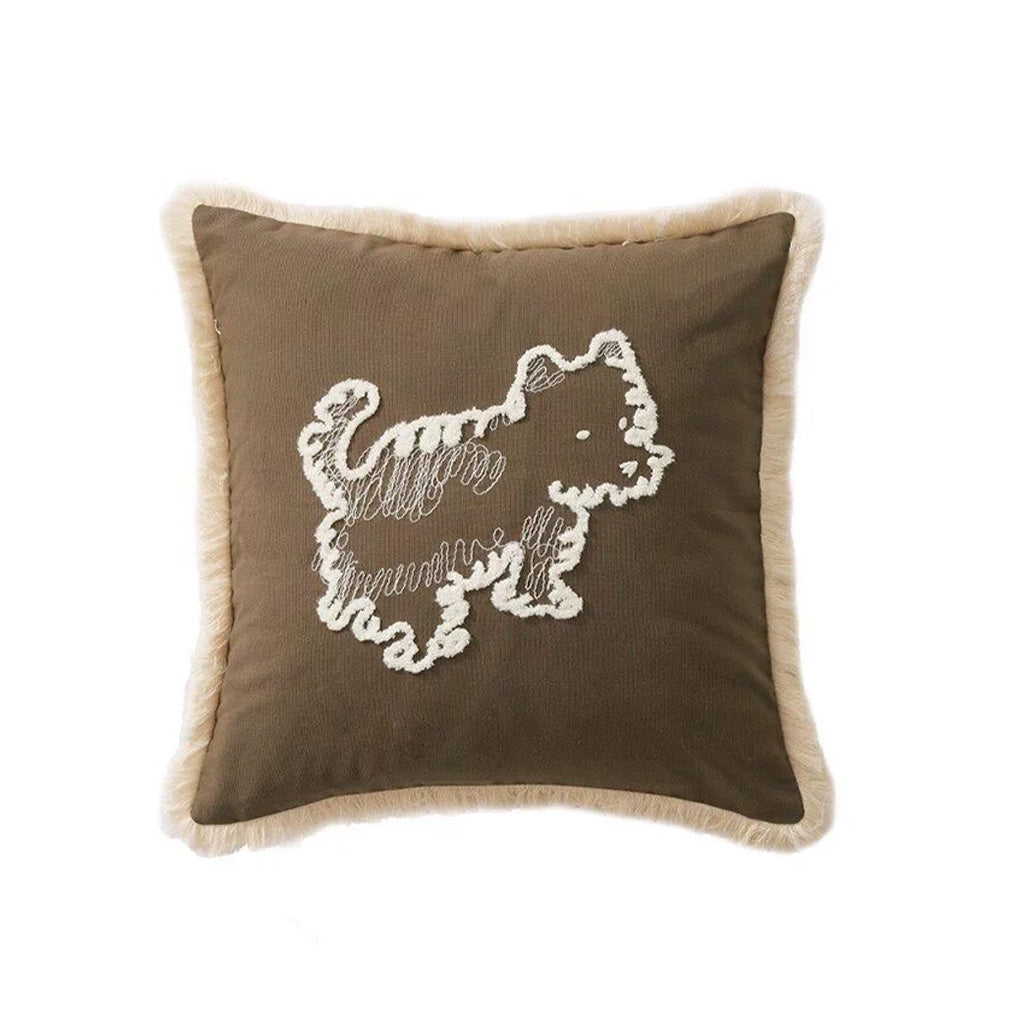 Thread brown embroidered dog pillow cover with white stitched motif