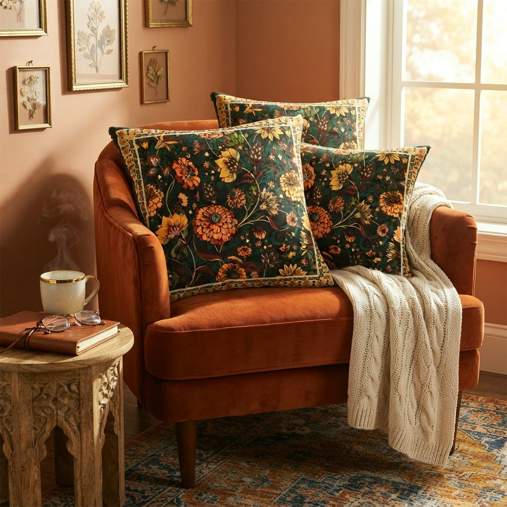 Zinnia botanical pillow covers styled on a burnt orange velvet chair