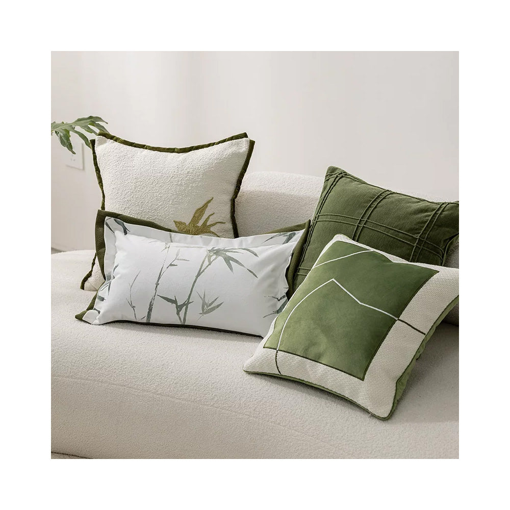japandi decorative pillow cover with embroidered bird design