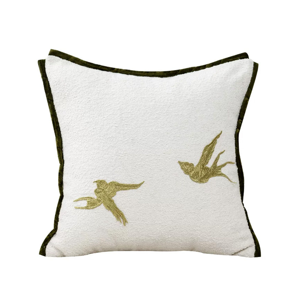 embroidered bird pillow cover with green trim