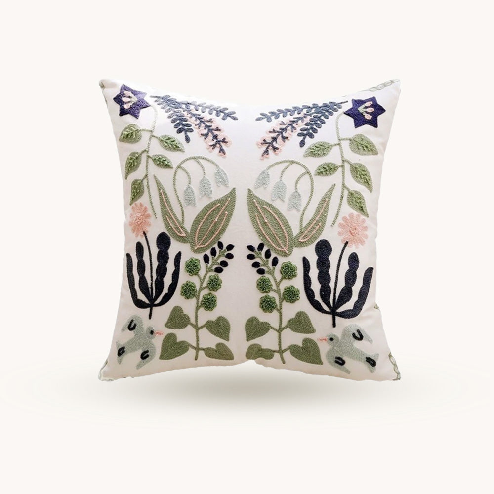 embroidered botanical pillow cover with floral and bird design