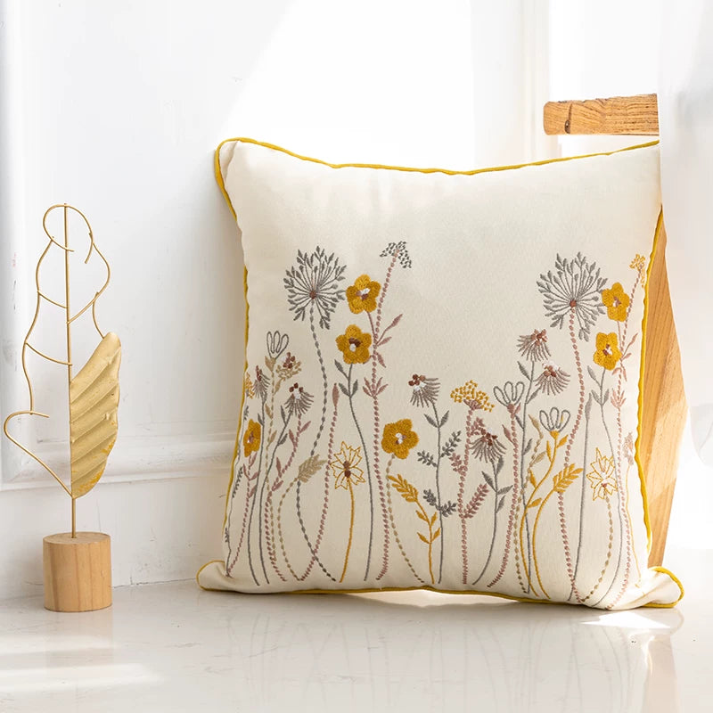 Yellow floral embroidered throw pillow cover for farmhouse living room decor
