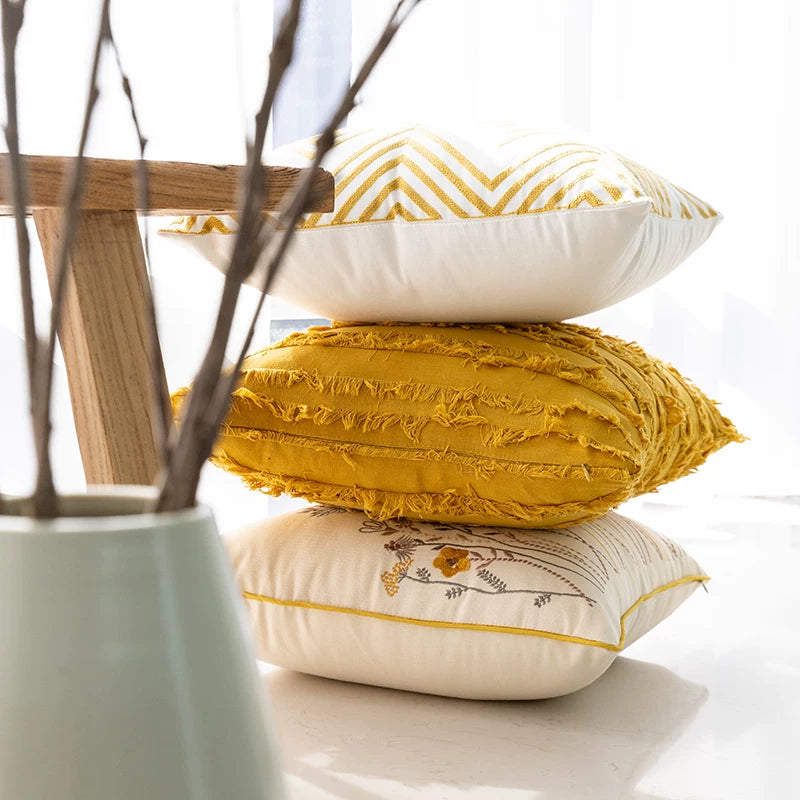 Decorative embroidered floral cushion cover with cottagecore wildflower pattern