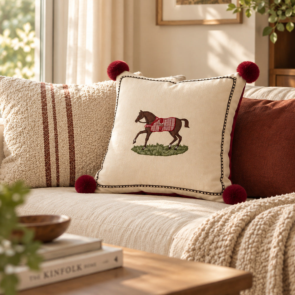 Redbrook embroidered horse pillow cover layered with rust and striped cushions on a sofa