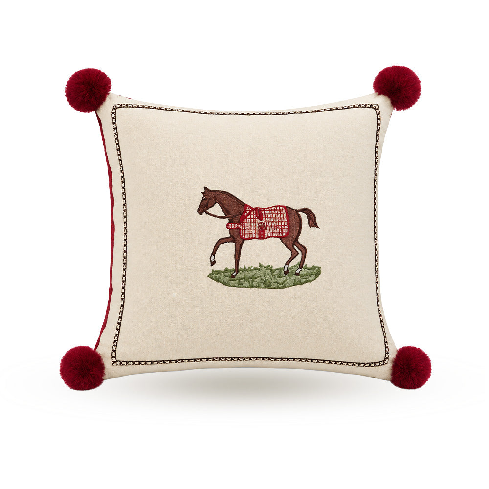 Full front product view of Redbrook embroidered horse pillow cover on a white background