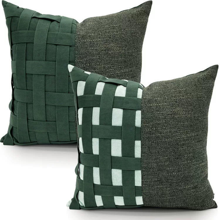 Evergreen green 18x18 pillow cover styled on a modern sofa