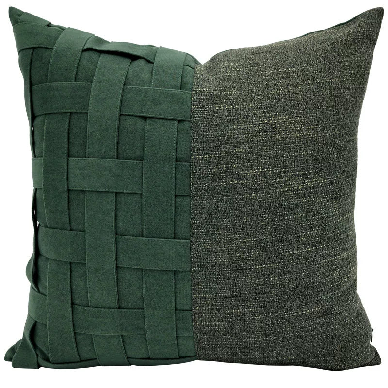Forest green woven pillow cover with textured fabric back