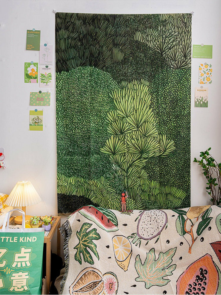 Sylvan forest tapestry creating a green botanical focal point above a bed