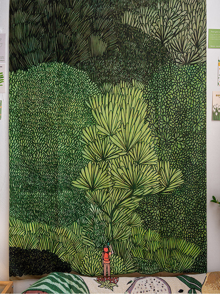 Close view of Sylvan illustrated woodland tapestry displayed above a bed