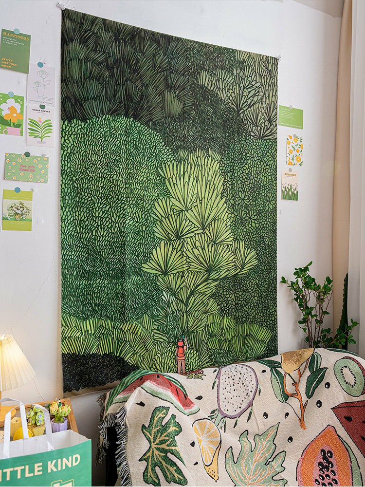 Angled bedroom view of the large Sylvan green woodland wall tapestry
