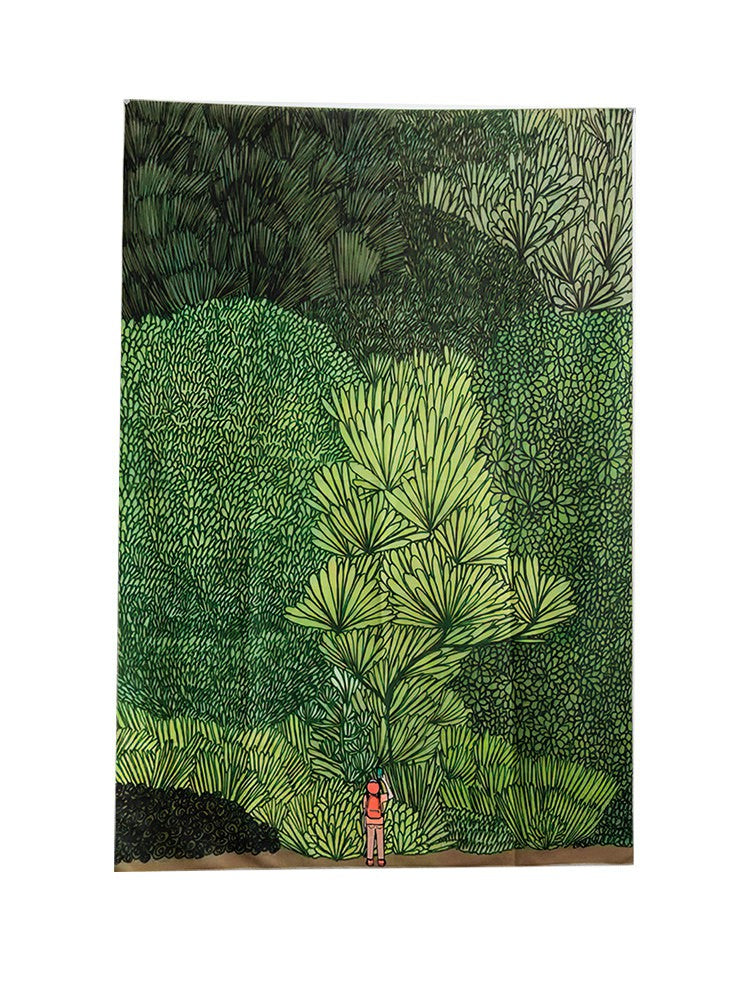 Sylvan green botanical forest wall tapestry with layered trees and a small red figure