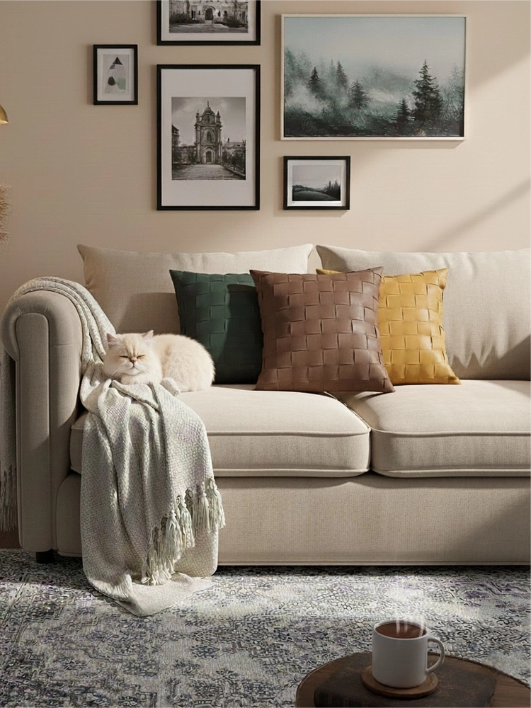 modern green PU leather woven decorative pillow cover on sofa