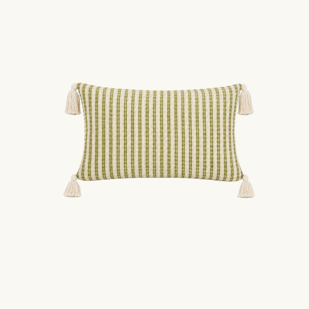 Front view of Meadowline green and cream striped 12x20 lumbar pillow cover with four tassels