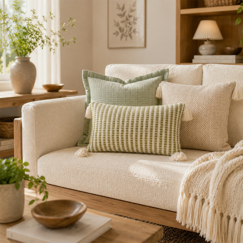 Green and cream 12x20 tassel lumbar pillow cover styled in a bright living room seating arrangement