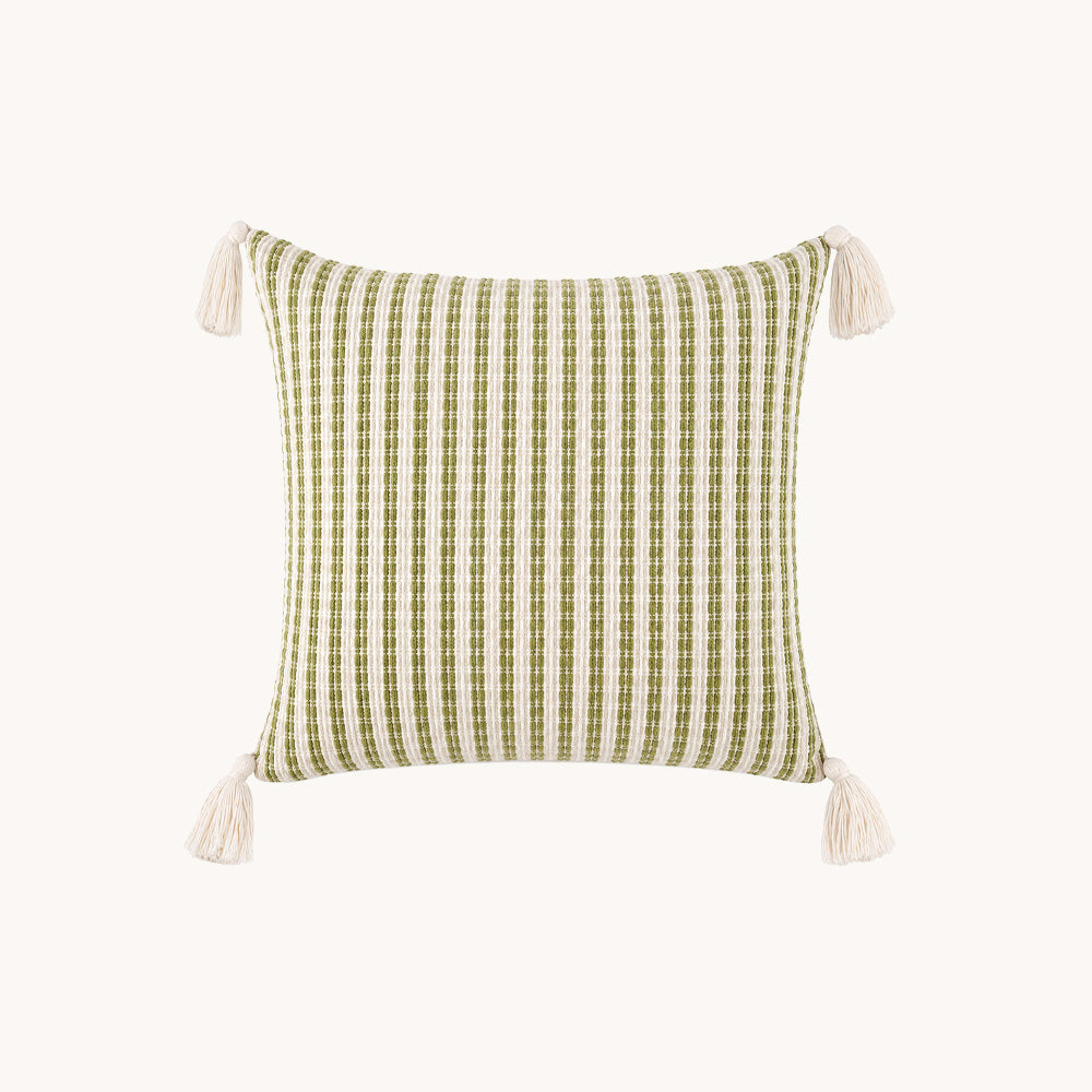 Front view of Meadowline green and cream striped 18x18 pillow cover with four corner tassels