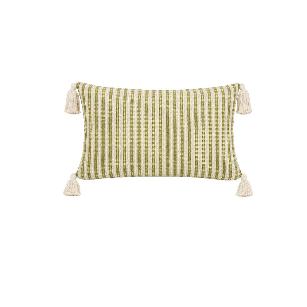 Front product view of Meadowline green striped tassel lumbar pillow cover on a white background