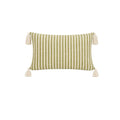 Front product view of Meadowline green striped tassel lumbar pillow cover on a white background