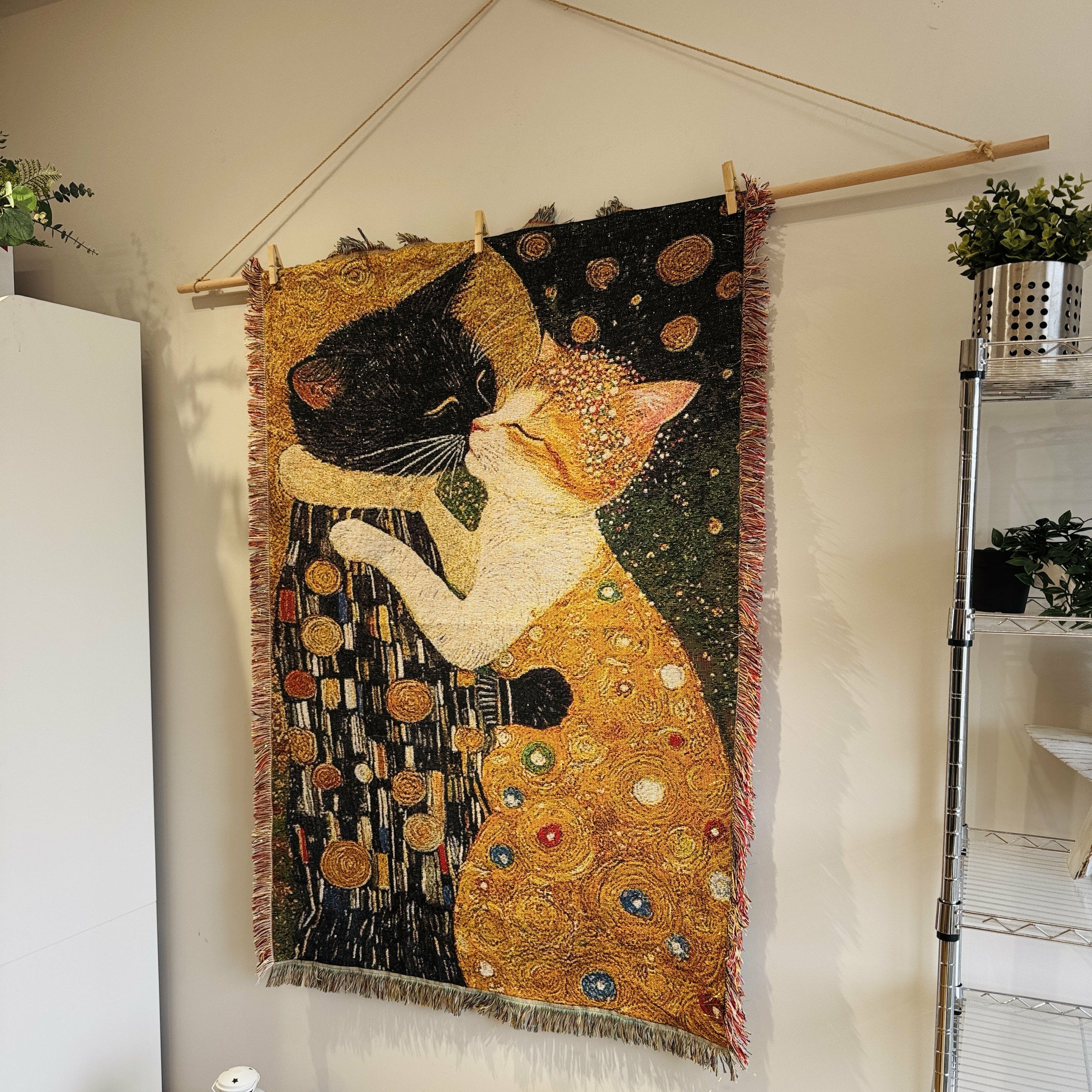 Gilded Cat gold-toned cotton wall tapestry with decorative fringe